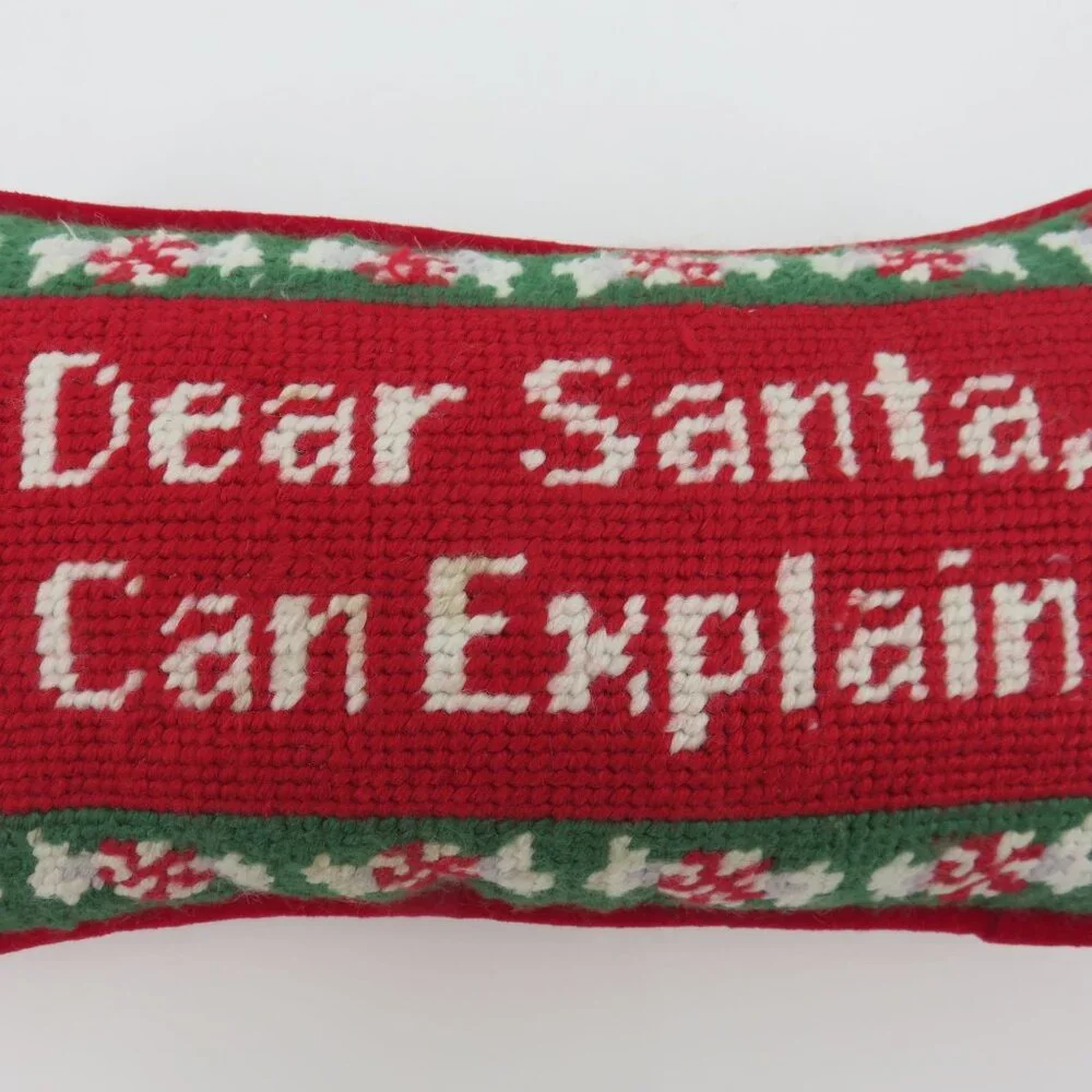 Dear Santa I Can Explain Needlepoint Red Green Peppermint Candy Christmas Pillow